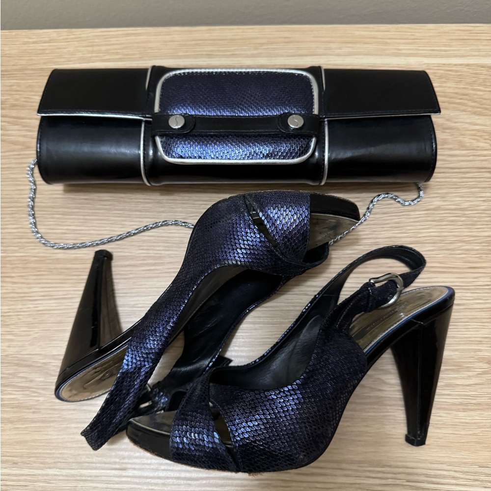 Vintage Blue and Black clutch and matching heels SET